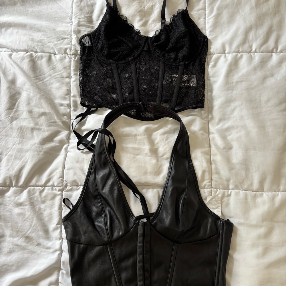 Black Lace and Leather Corset Tops